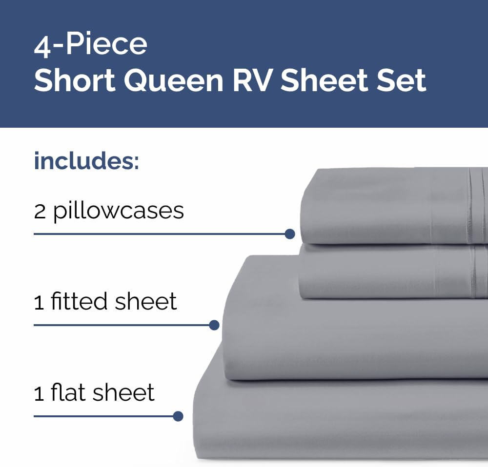 Short Queen Size 4 Piece Bed Sheet Set - RV Short Queen Sheets - Steel Blue