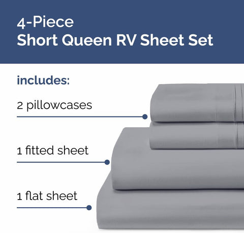 Short Queen Size 4 Piece Bed Sheet Set - RV Short Queen Sheets - Steel Blue