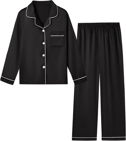 Schbbbta Girls & Women Pajamas Set, 2 Piece Satin Silky Pjs Button-Down Kids Sleepwear, 3 Years - XX-Large