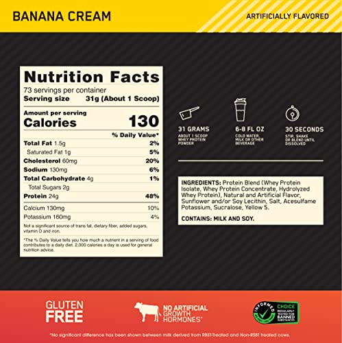 Optimum Nutrition Gold Standard 100% Whey Protein Powder, Banana Cream, 5 Pound (Packaging May Vary)