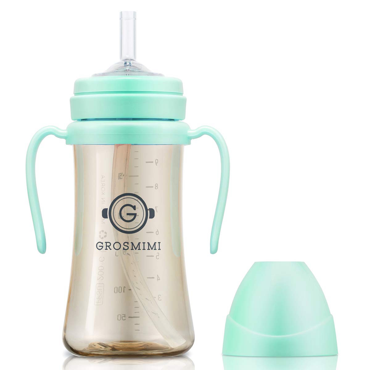 GROSMIMI Baby Straw Cup, Spill-Proof PPSU Sippy Cup with Rotating Handles for Babies & Toddlers 6+ Months, Silicone Straw, BPA-Free, Stage 1, 10oz/300ml (Aqua Green)