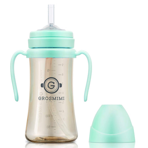 GROSMIMI Baby Straw Cup, Spill-Proof PPSU Sippy Cup with Rotating Handles for Babies & Toddlers 6+ Months, Silicone Straw, BPA-Free, Stage 1, 10oz/300ml (Aqua Green)