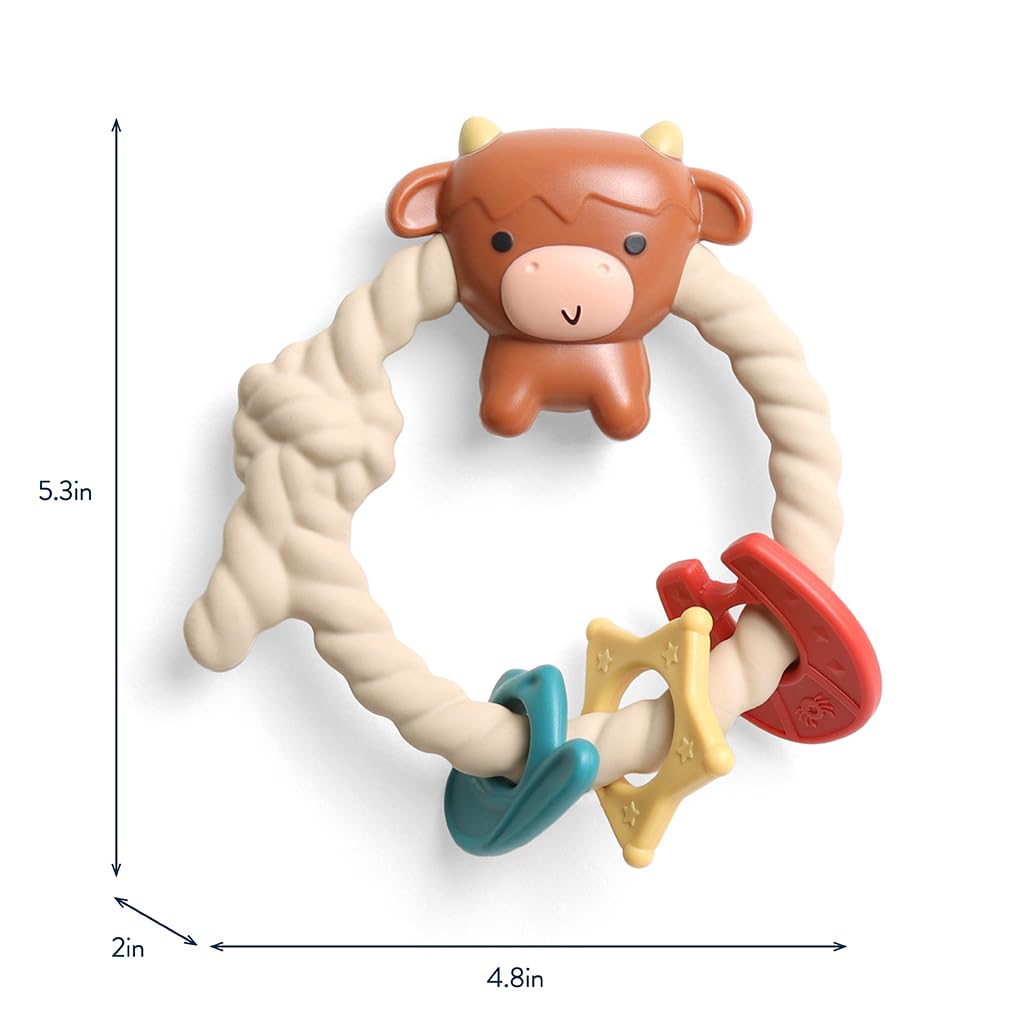 Itzy Ritzy Rattle Teether, Silicone Teething Toy w/ 3 Rings (Highland Cow)