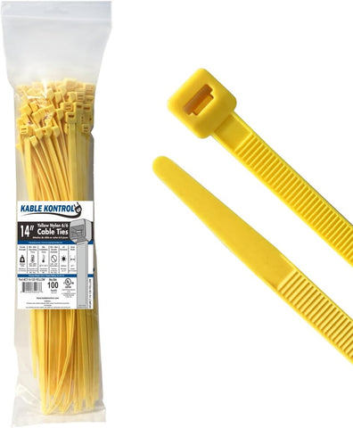 Kable Kontrol Cable Zip Ties, 14 Inch, 100 Pcs, HD 120lbs Test, Yellow