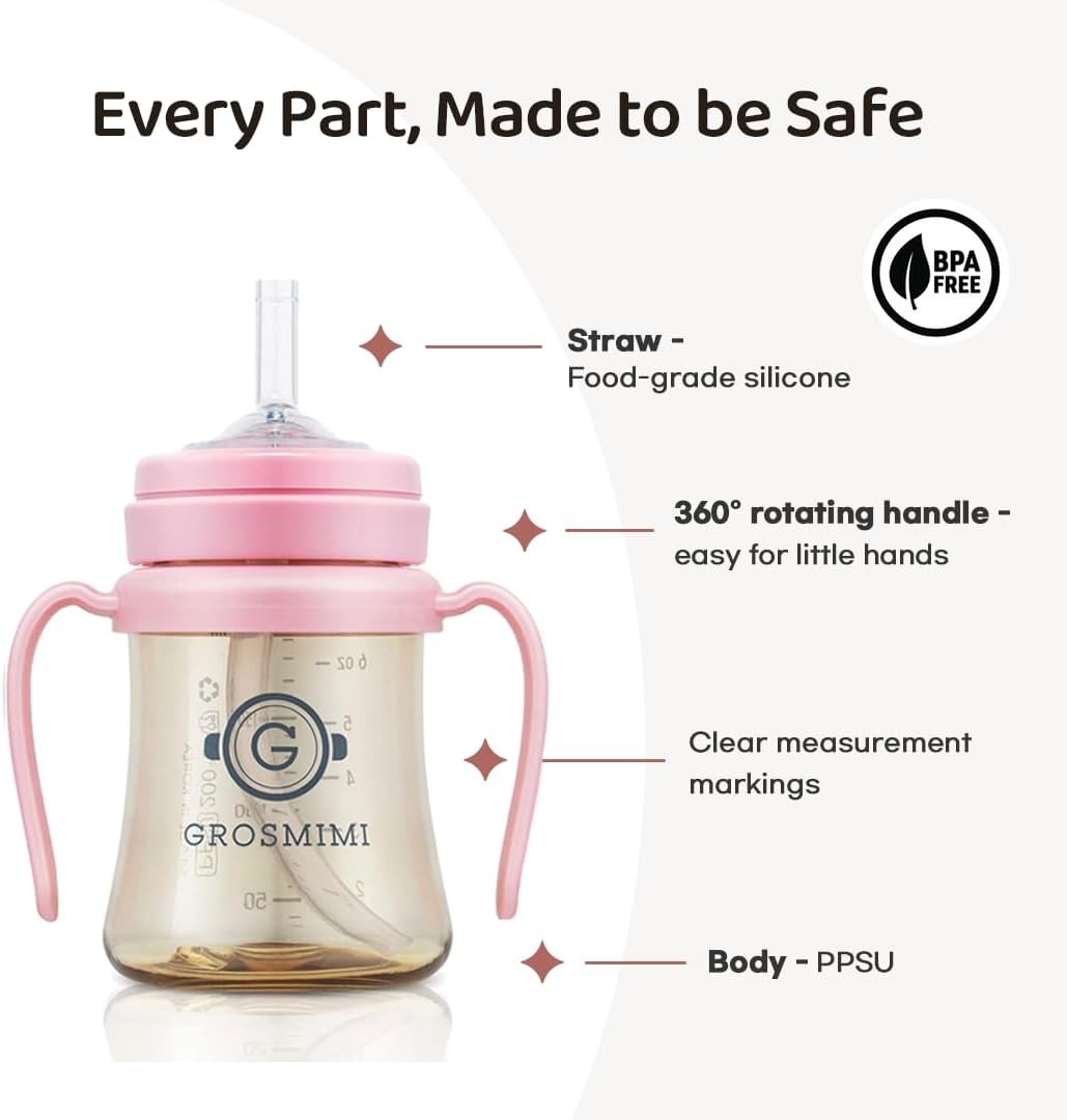 GROSMIMI Spill Proof no Spill Magic Sippy Cup with Straw with Handle for Baby and Toddlers, Customizable, PPSU, BPA Free 6 oz (White)