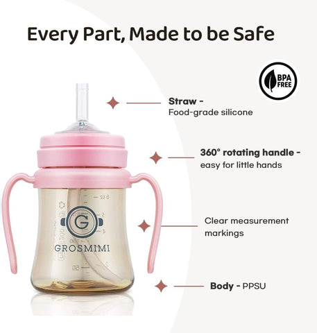 GROSMIMI Spill Proof no Spill Magic Sippy Cup with Straw with Handle for Baby and Toddlers, Customizable, PPSU, BPA Free 6 oz (White)