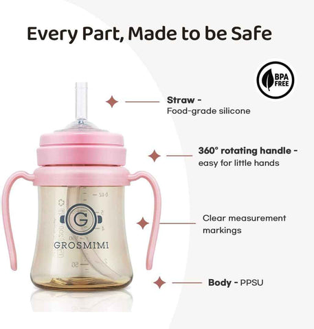 GROSMIMI PPSU Baby Straw Cup Stage 1, 6M+, Spill-Proof, 6oz (Aqua Green)