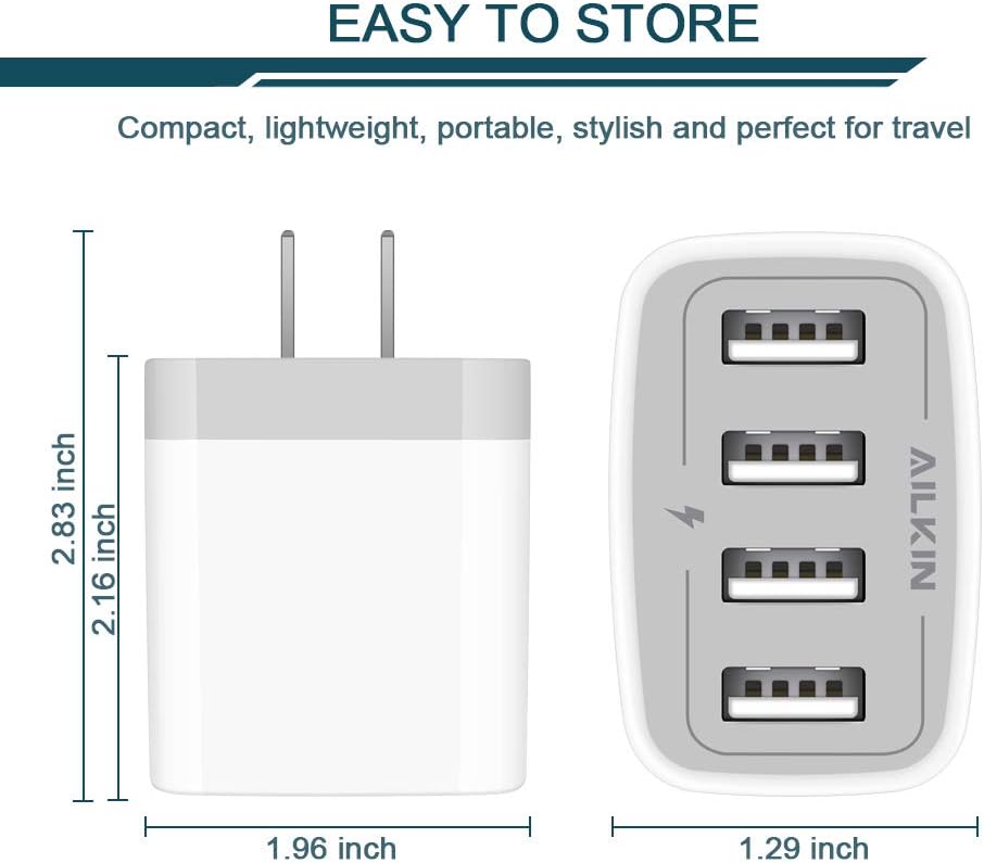 USB Charger Cube, Wall Charger Plug, AILKIN 4.8A 4-Muti Port USB Adapter
