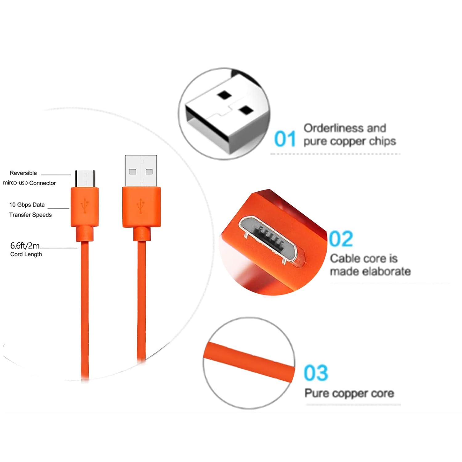 Replacement Fast Charging Charger Cable Power Cord Wire Compatible for Ring Enabled Video Doorbell (2020 Release) 2/3/3 Plus/4, Doorbell Pro/Plus and Camera Battery Charging Cable (3.3ft Orange)