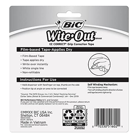 BIC Wite-Out Brand EZ Correct Grip Correction Tape, 33.5 Feet, 2-Count Pack of white Correction Tape, Fast, Clean and Easy to Use Tear-Resistant Tape Office or School Supplies