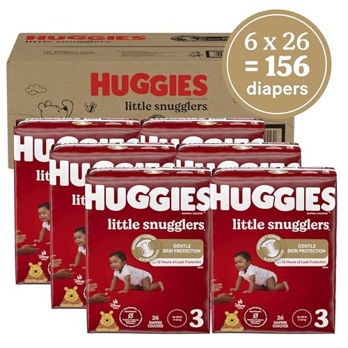 Huggies Size 3 Diapers, Little Snugglers Baby Diapers, Size 3 (16-28 lbs), 156 Ct (6 packs of 26), Packaging May Vary