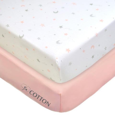 American Baby Company 2 Pack Fitted Crib Sheets 52x28", Pink Star and Blush