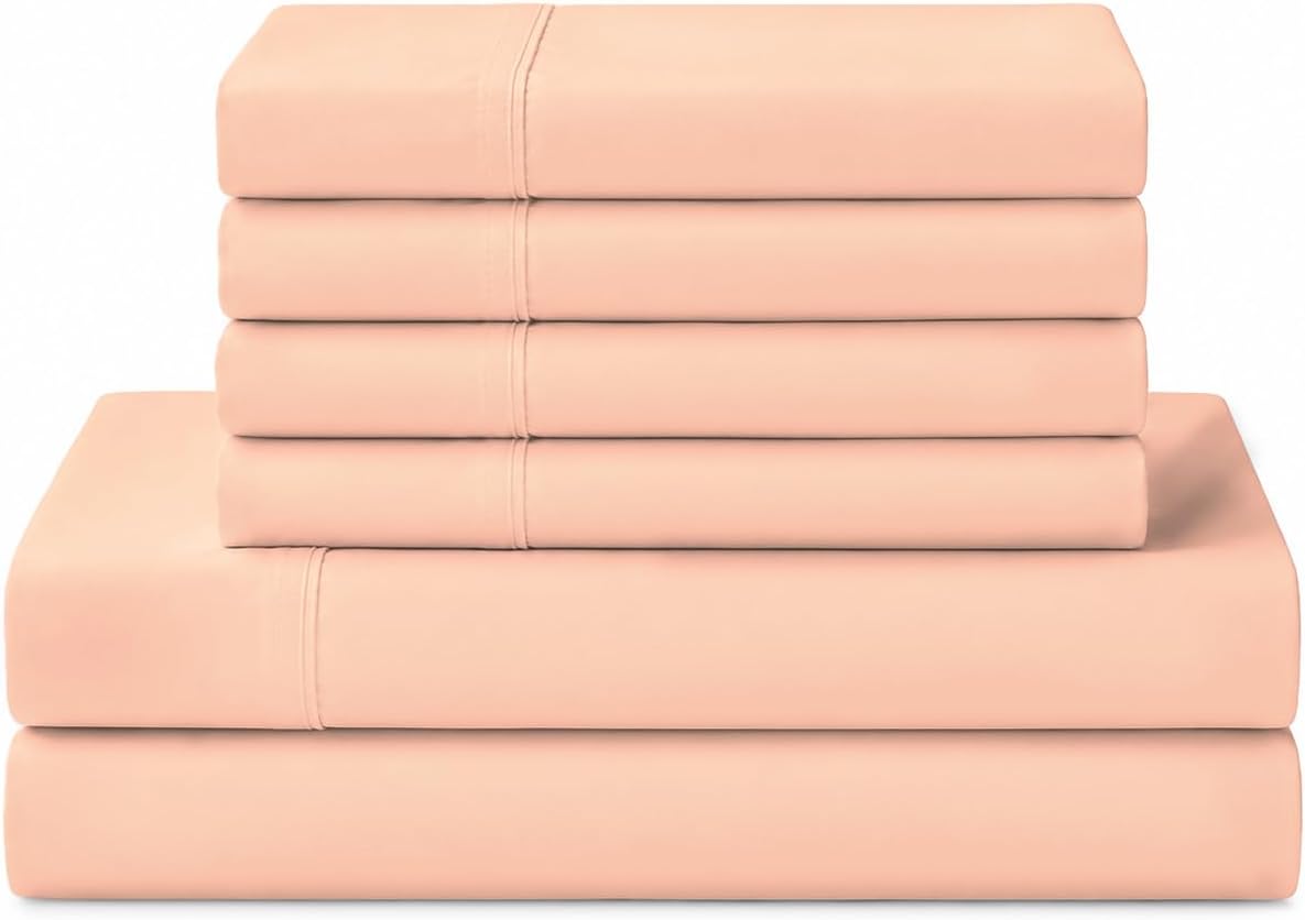 Linen Home 100% Cotton Percale Sheets California King Size, Tropical Peach, Deep Pocket, 6 Pieces Set- 1 Flat, 1 Fitted and 4 Pillowcases, Crisp Cool and Long Staple Strong Bed Linen