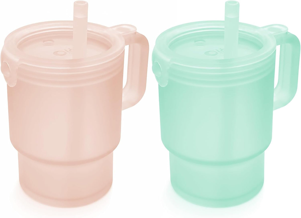 Olababy Silicone Tumbler with Handle & Straw, Coral/Mint 2-Pack, 11oz