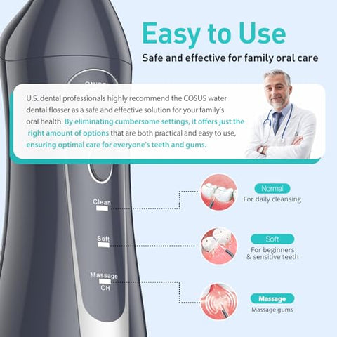 COSLUS Water Dental Flosser Teeth Pick: Portable Cordless Oral Irrigator 300ML Rechargeable Travel Irrigation Cleaner IPX7 Waterproof Electric Flossing Machine for Teeth Cleaning C20(F5020E) Grey