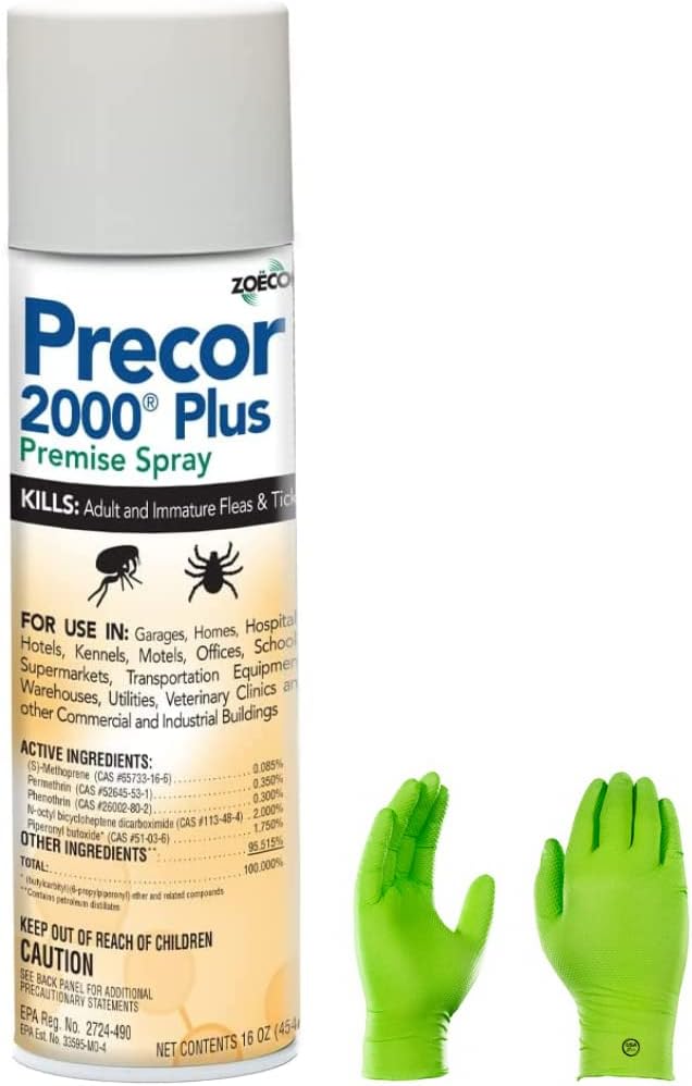 Precor 2000 Plus Premise Spray with USA Supply Protective Gloves and Pest ID Card - Prevents Flea Build-up for 7 Months