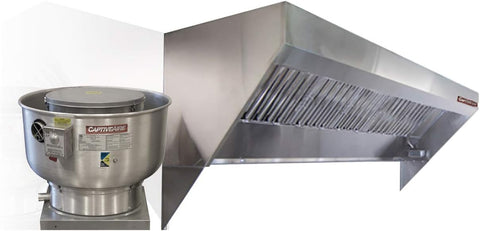 Food Truck Low Profile Exhaust Hood System Includes a stainless steel exhaust hood, an exhaust fan, an adjustable duct section, and installation hardware (5' Long Hood & Fan)