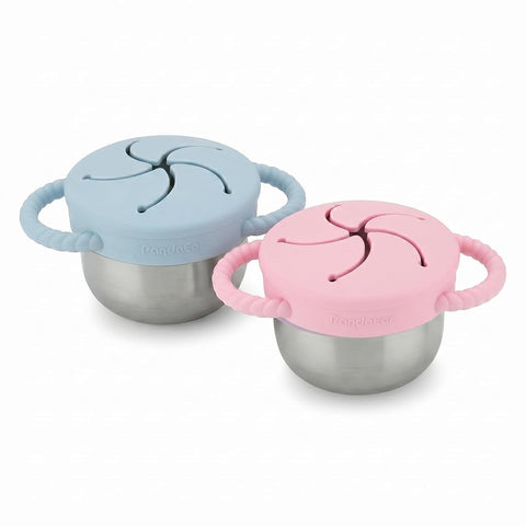 PandaEar 2 Pack Stainless Steel Toddler Snack Cups, Spill Proof Snack Containers with Silicone Food Catcher & Handles, 9 oz Baby Snack Cup Holder with Lid for Kids, Dishwasher Safe (Blue & Pink)
