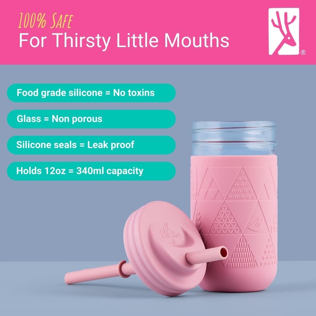 Elk and Friends Kids/Toddler 12oz Glass Mason Jars + Sleeves + Lids | 4pk