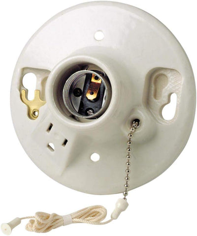 Leviton One-Piece Glazed Porcelain Outlet Box Mount, Incandescent Lampholder, Pull Chain, Top Wired, 9726-C, White
