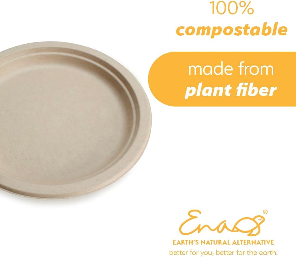 100% Compostable Disposable Paper Plates Bulk [9" 125 Pack], Bamboo Plates, Eco Friendly, Biodegradable, Sturdy Large Dinner Party Plates, Heavy-Duty, Unbleached by Earth's Natural Alternative