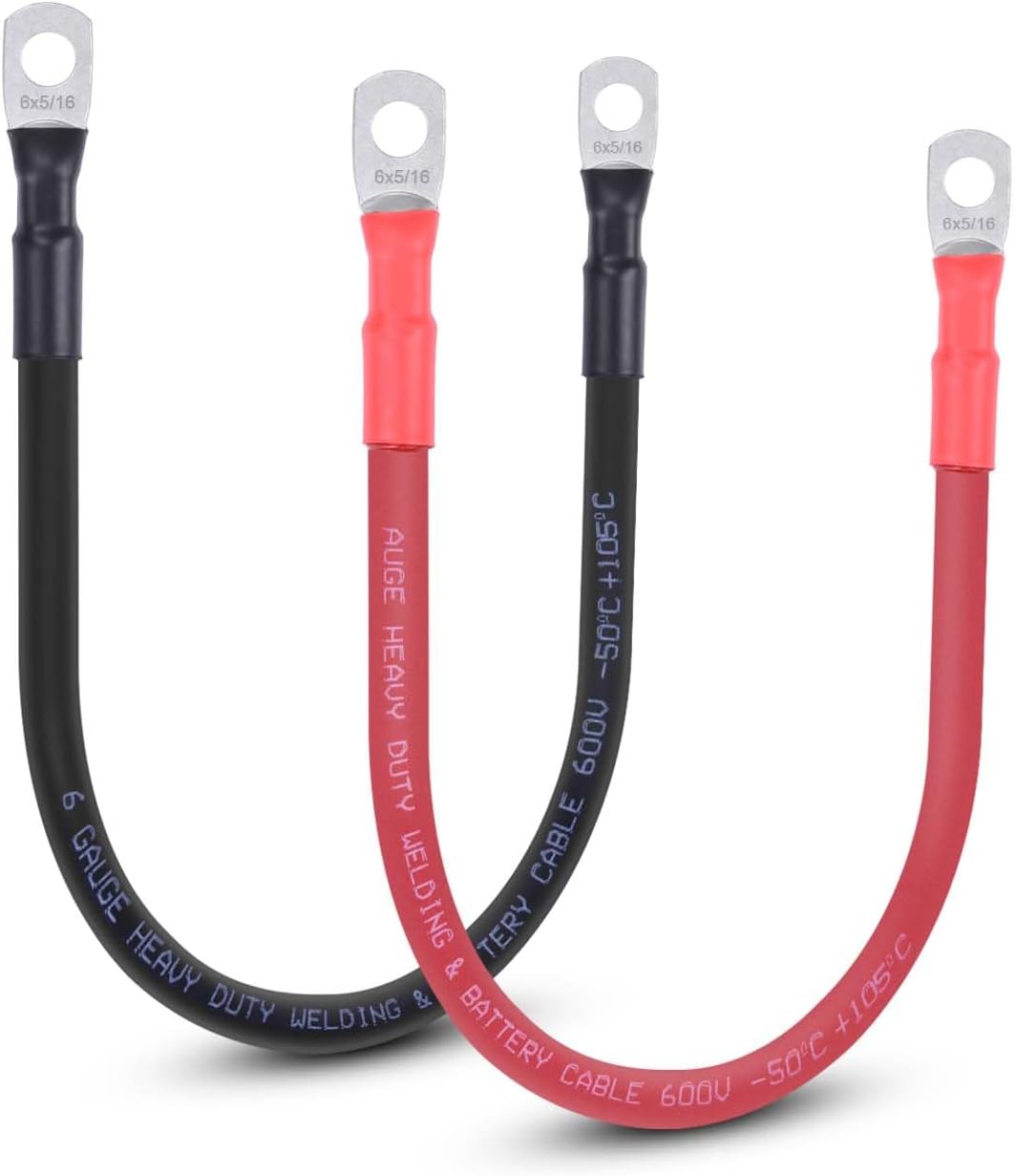 6 AWG Flexible Battery Cable with 5/16" Terminals - OFC Pure Copper Inverter & Welding Wire for Automotive Solar RV Motorcycle (Red + Black 1FT Pair)
