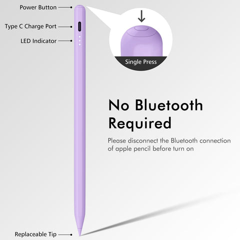 Stylus Pen for iPad, 13 mins Fast Charge for Apple iPad Pencil with Palm Rejection, Compatible with 2018-2024 iPad Air 3/4/5/6, iPad Mini 5/6, iPad 6/7/8/9/10, iPad Pro 11"/12.9"/13" (Purple)