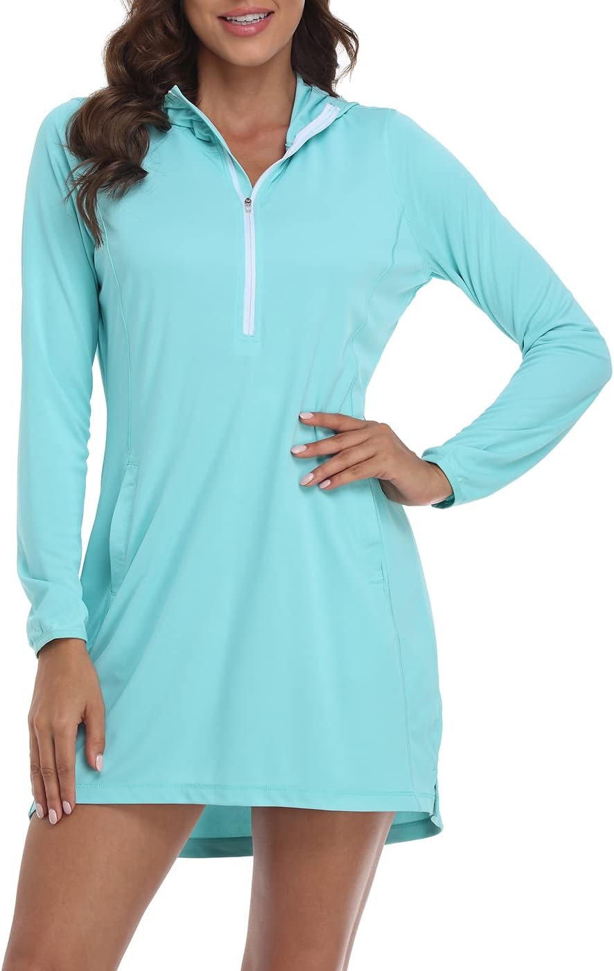 HDE Women Beach Coverup Dress UPF 50 UV Protection Long Sleeve Hooded Tunic