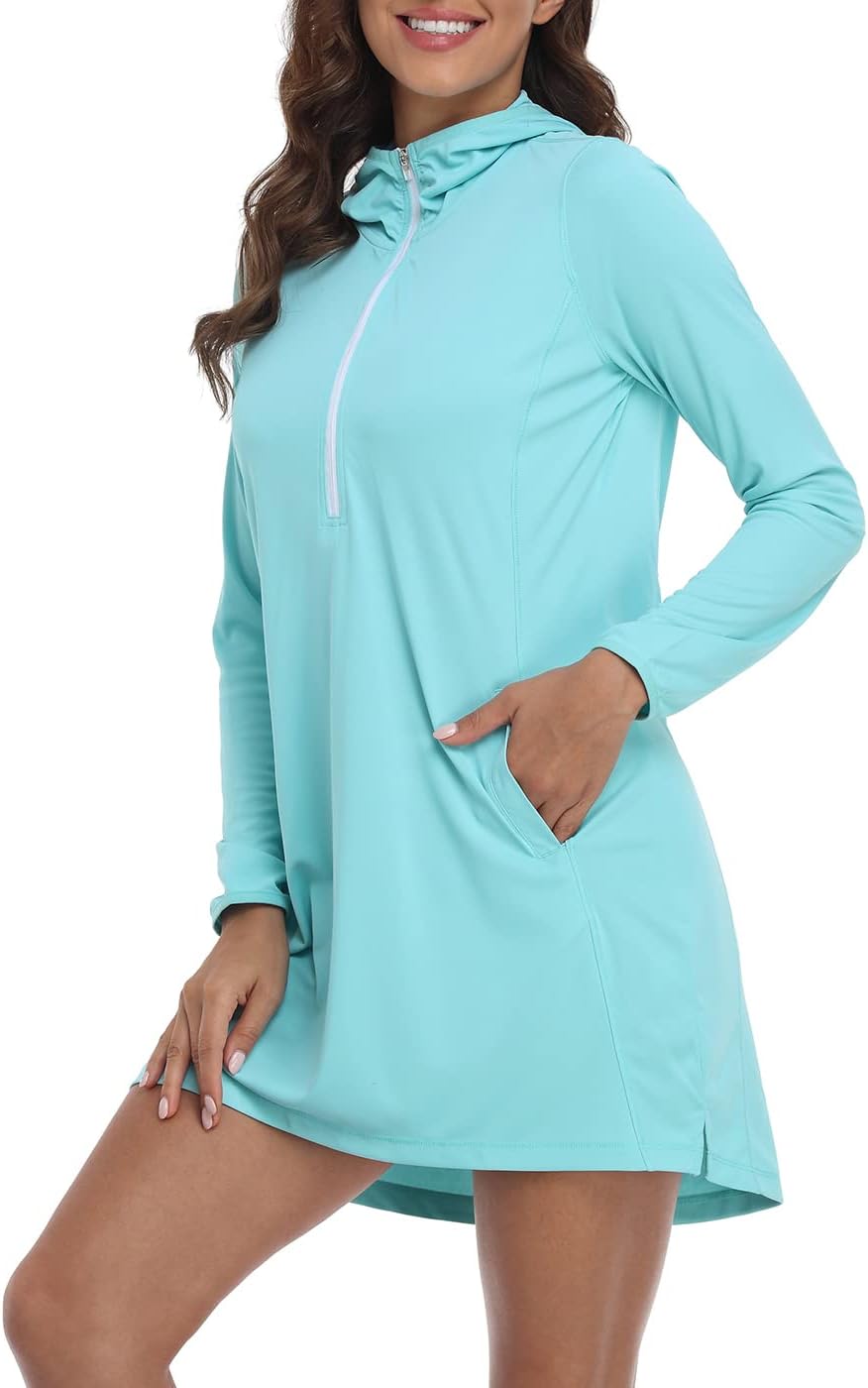 HDE Women Beach Coverup Dress UPF 50 UV Protection Long Sleeve Hooded Tunic
