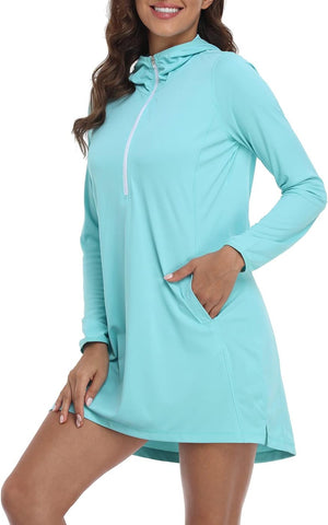 HDE Women Beach Coverup Dress UPF 50 UV Protection Long Sleeve Hooded Tunic