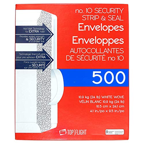 Top Flight PSTF10NWT #10 Envelopes, Strip & Seal, Security Tinted, White Paper, 24 lb, 500 Count