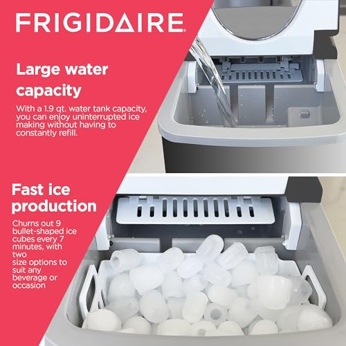 Frigidaire Compact Countertop Ice Maker, Makes 26 Lbs. Of Bullet Shaped Ice Cubes Per Day, Silver Stainless