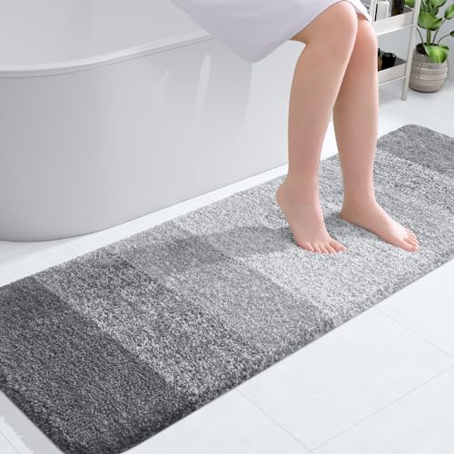 OLANLY Bathroom Rug Mat 59x20, Extra Soft and Absorbent Microfiber Bath Rug, Non-Slip Plush Shaggy Bath Carpet Runner, Machine Wash Dry, Bath Mat for Bathroom Floor, Tub and Shower, Light Grey