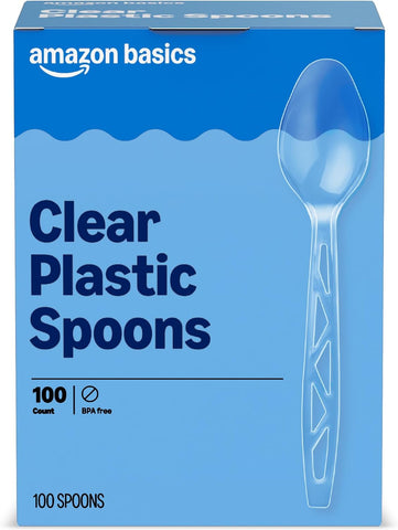Amazon Basics Disposable Clear Plastic Spoons, Premium Quality, 100 Count, Large Pack, Packaging May Vary