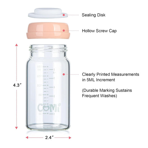 COMI Wide Neck Glass Breastmilk Collection n Storage Bottle, 6oz with Screw Ring Sealing Disk; Re-markable Sealing Disc. BPA Free, Fits Breast Pumps & Nipples (2 Pack Pink Lids)