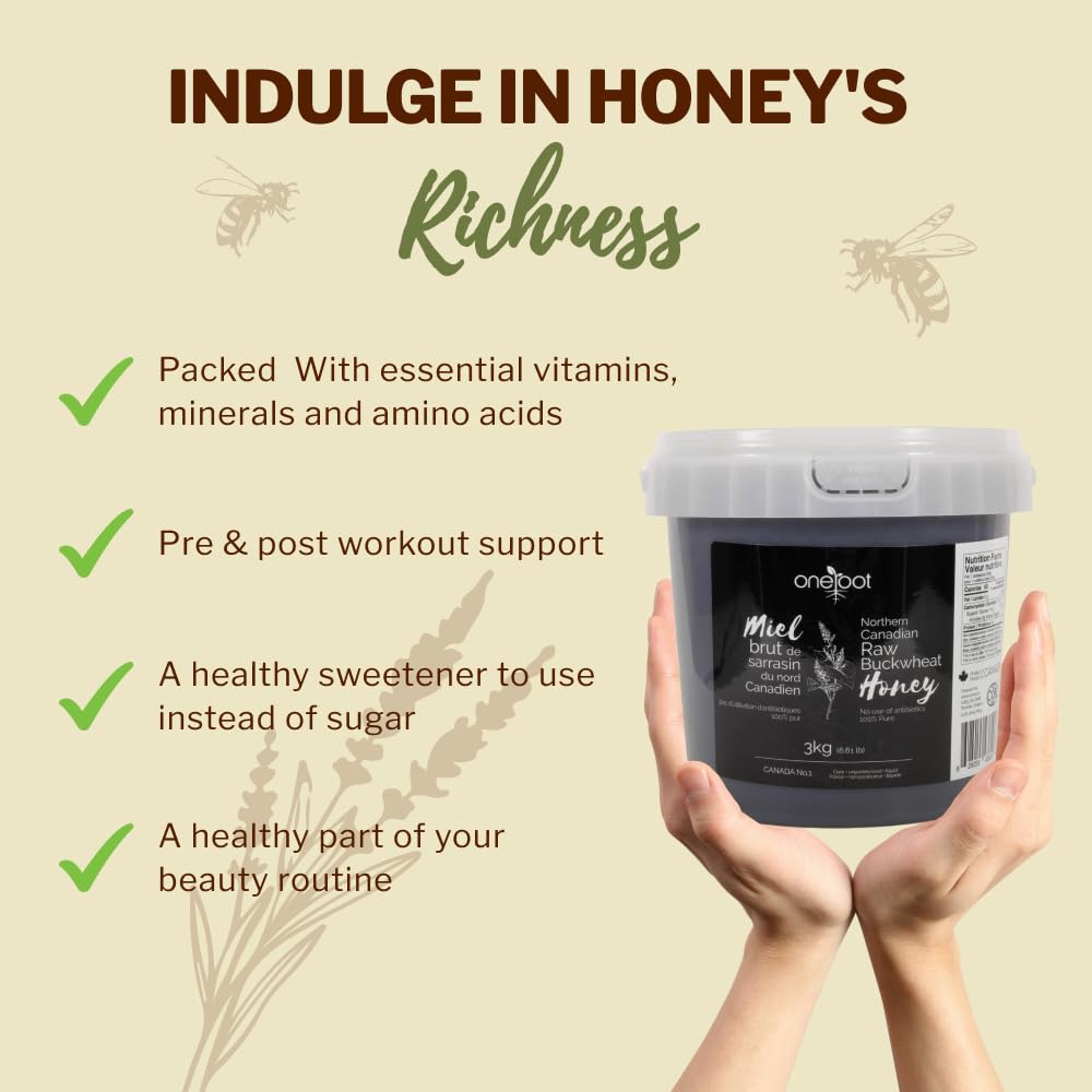 OneRoot Raw Buckwheat Honey – 6.6 lbs, Unheated & Unprocessed Dark – Nutrient-Rich, Antioxidant-Packed Natural Sweetener – Pure & Unfiltered Honey