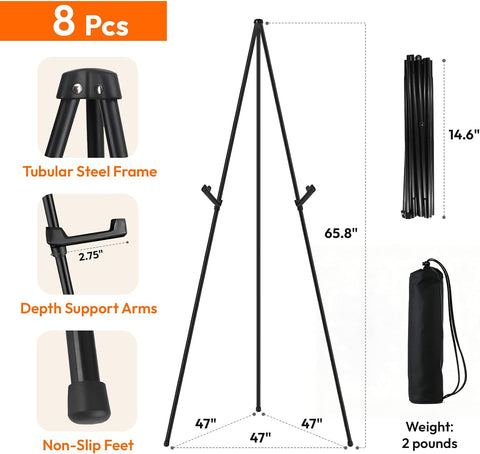 JEAWIWI 8 Pcs Lightweight Easel Stand, 66 Inch, Black, with Carry Bags