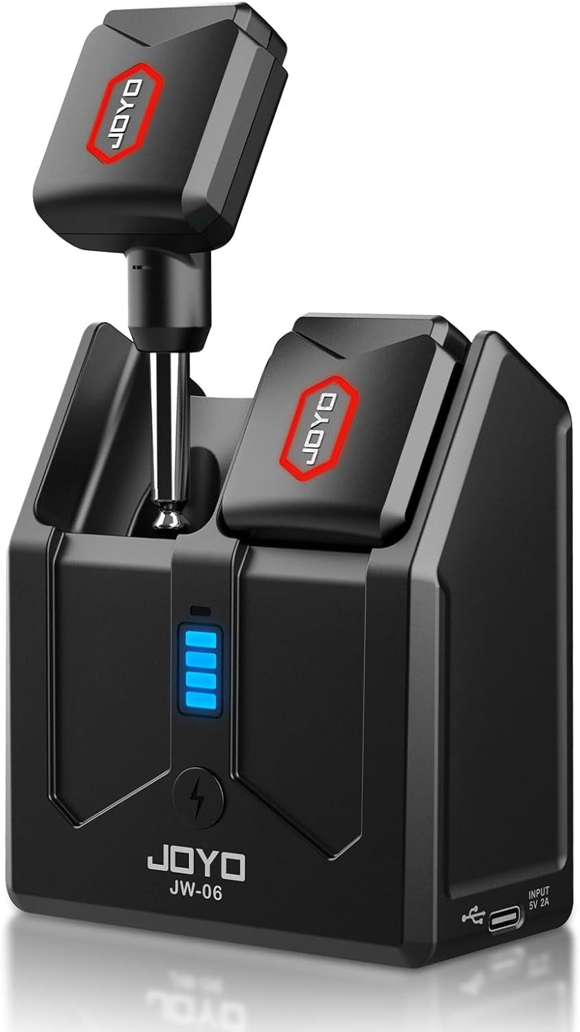 JOYO 5.8GHz Wireless Guitar System Transmitter and Receiver with Charging Case, 18H Battery life, 48kHz/24Bit, Low Latency, 4 Channels, Plug & Play for Electric Guitar & Bass (JW-06)