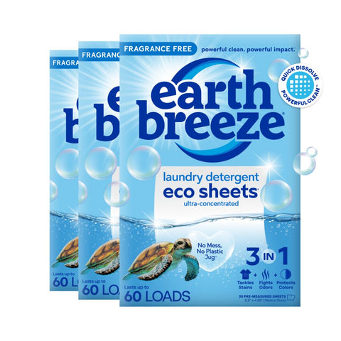 Earth Breeze Laundry Detergent Sheets - 90 Detergent Sheets (3 Pack) - 30 Sheets Per Pack - 180 Loads - Concentrated Liquidless Laundry Soap - No Plastic Jug - Fragrance-Free