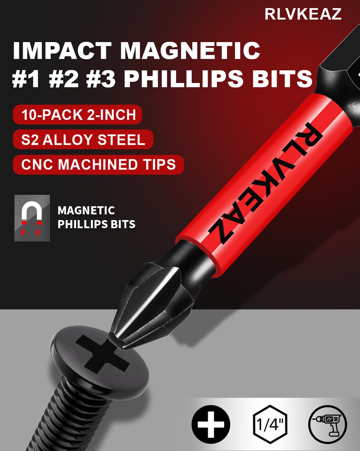 10-Pack Phillips Screwdriver Bits, PH1 PH2 PH3 Magnetic 2-Inch