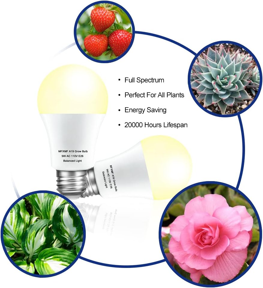4 Pack LED Grow Light Bulbs，Full Spectrum Plant Light Bulb, 9W Replace 100W