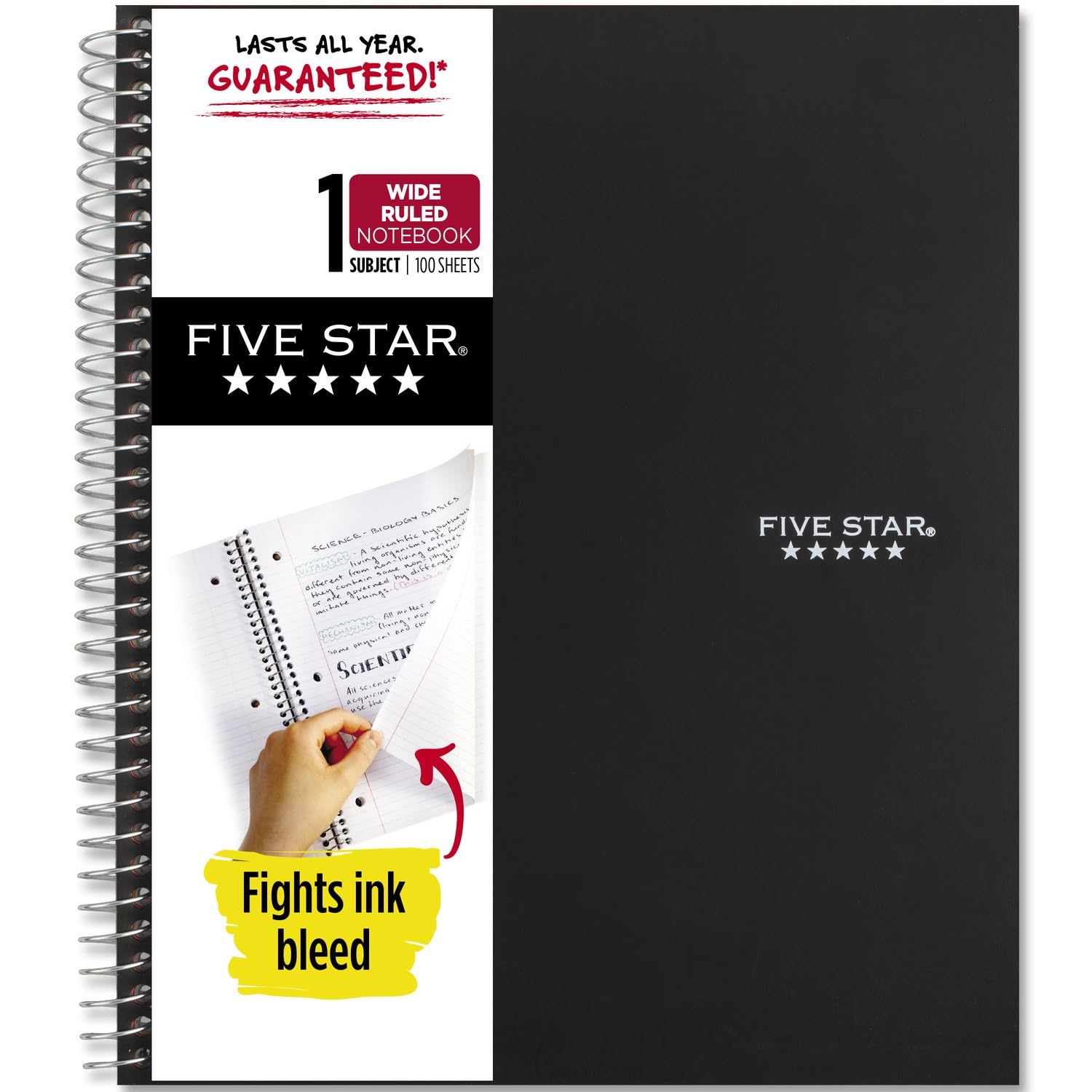 Five Star Spiral Notebook + Study App, 1 Subject, Wide Ruled Paper, 8" x 10-1/2", 100 Sheets, Fights Ink Bleed, Water Resistant Cover, White (72877)