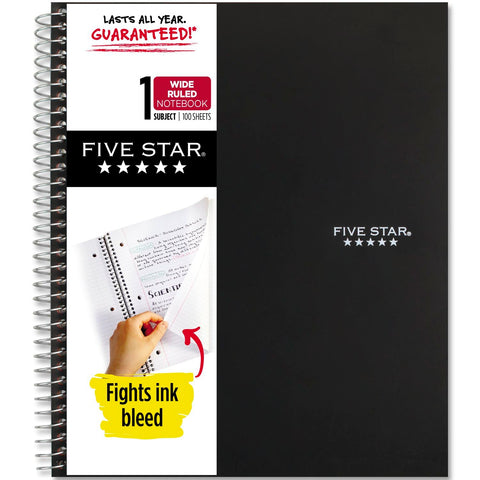 Five Star Spiral Notebook + Study App, 1 Subject, Wide Ruled Paper, 8" x 10-1/2", 100 Sheets, Fights Ink Bleed, Water Resistant Cover, White (72877)