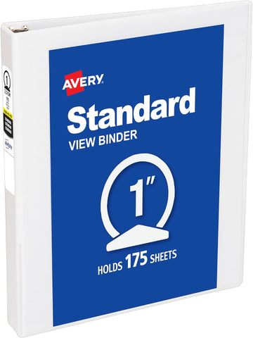 Avery Standard View 3 Ring Binder, 1" Round Rings, 1 White Binder