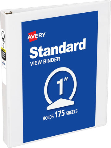 Avery Standard View 3 Ring Binder, 1" Round Rings, 175-Sheet Capacity, 1.4 Inch Wide Spine, 1 White Binder, Ideal for Lightweight Organization and Occasional Referencing (05711)
