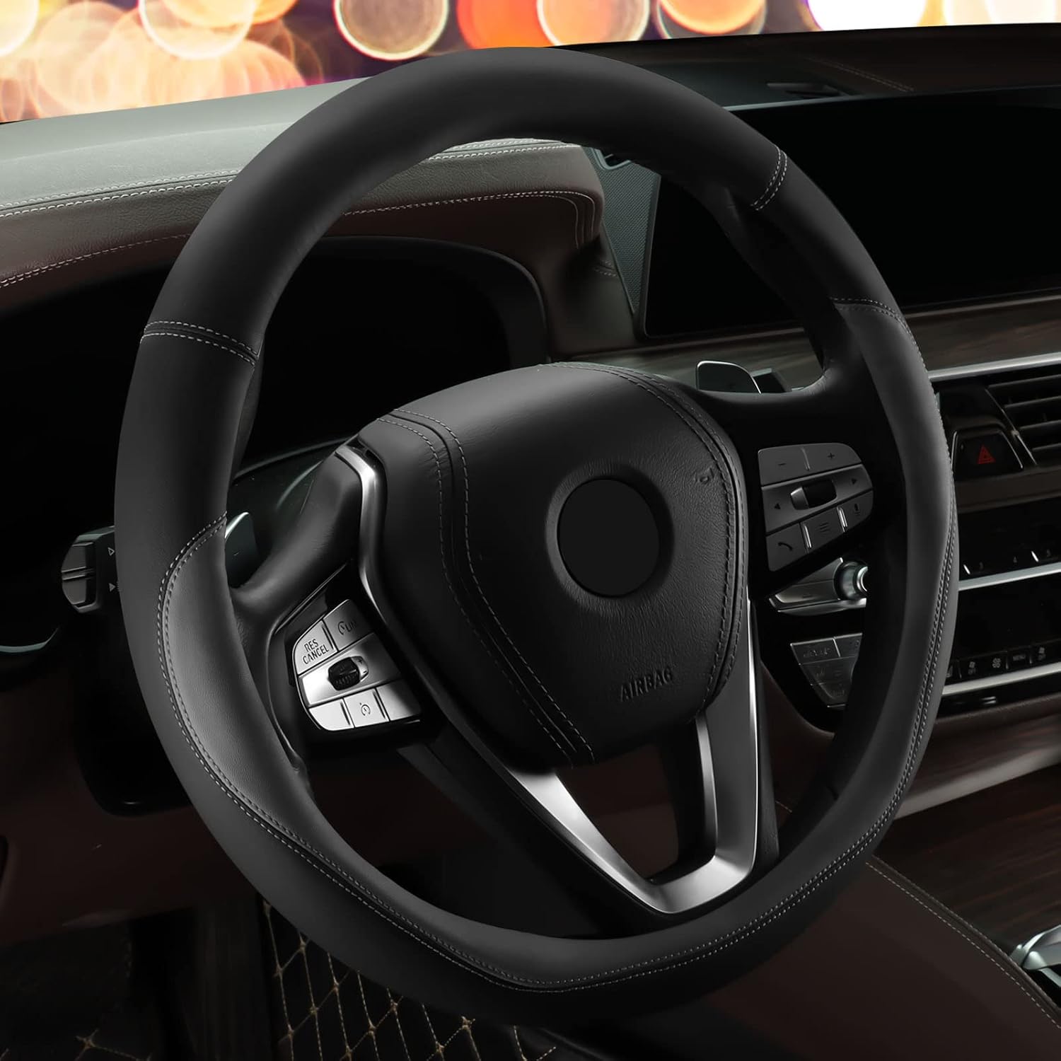 HOTOR Car Leather Steering Wheel Cover, Universal 14.5"-15", Gray
