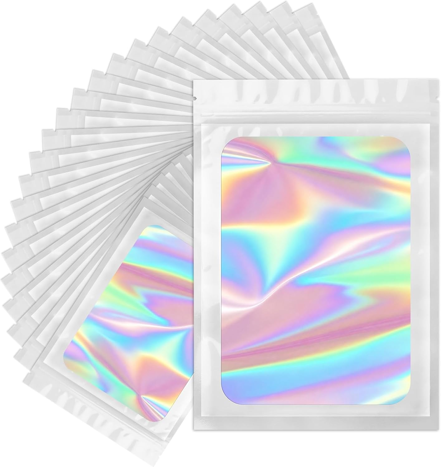 ANZNKU 100PCS Holographic Bags Large White Mylar Bags Resealable, 6.3x9.4 Smell Proof Packaging Bag Snack Pouches Goodie Baggies for Candy Jewelry Graduation Party Favors Gifts, Bag for Small Business