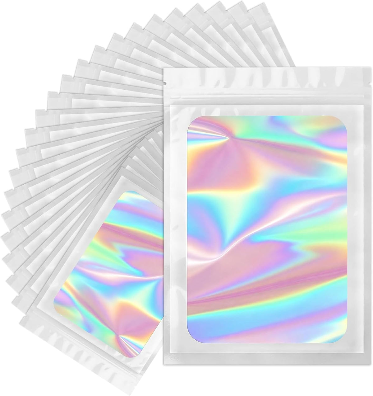 ANZNKU 100PCS Holographic Bags Large White Mylar Bags Resealable, 6.3x9.4 Smell Proof Packaging Bag Snack Pouches Goodie Baggies for Candy Jewelry Graduation Party Favors Gifts, Bag for Small Business