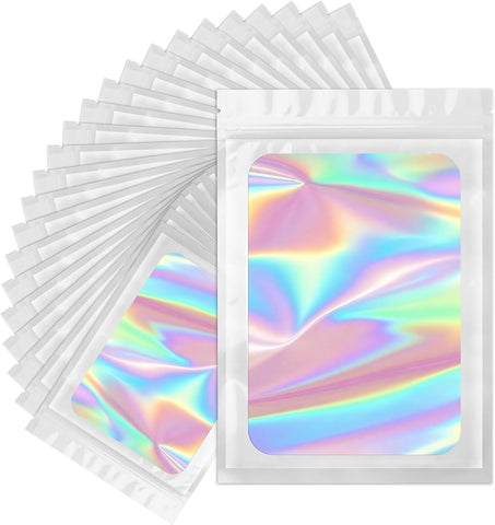 ANZNKU 100PCS Holographic Bags Large White Mylar Bags Resealable, 6.3x9.4 Smell Proof Packaging Bag Snack Pouches Goodie Baggies for Candy Jewelry Graduation Party Favors Gifts, Bag for Small Business