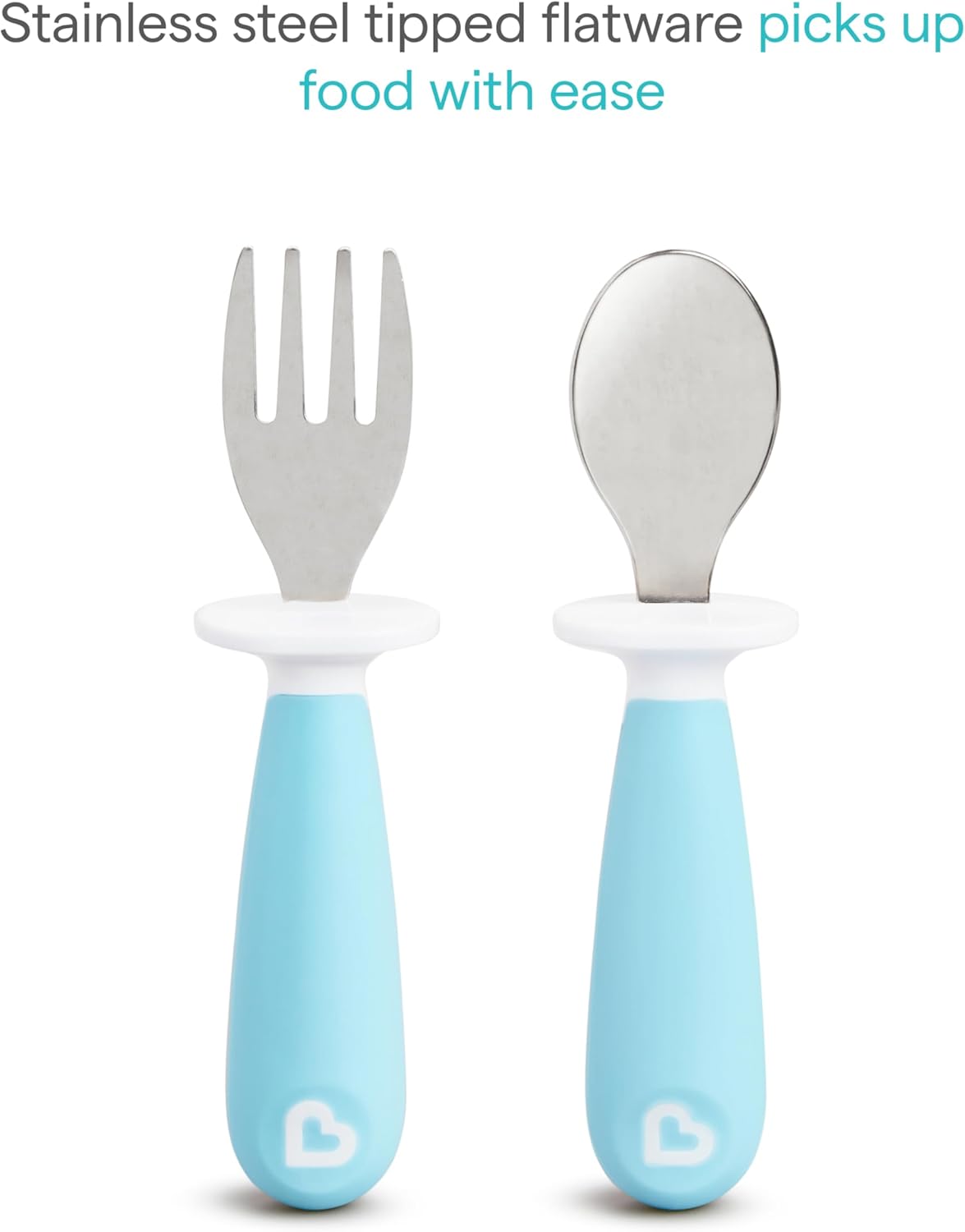 Munchkin® Raise™ Toddler Fork and Spoon Utensil Set, Rest Keeps Tip Off Table, BPA Free, 4 Pack, Blue/Green